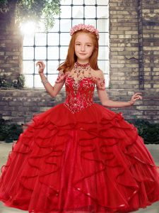 Gorgeous Red Tulle Lace Up High-neck Sleeveless Floor Length Child Pageant Dress Beading