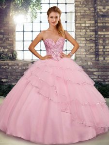 Unique Baby Pink Sleeveless Beading and Ruffled Layers Lace Up 15th Birthday Dress