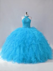 Customized Sleeveless Floor Length Beading and Ruffles Lace Up Vestidos de Quinceanera with Blue