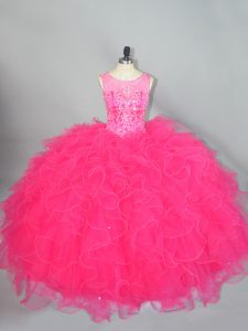 Cute Floor Length Lace Up Vestidos de Quinceanera Hot Pink for Sweet 16 and Quinceanera with Beading and Ruffles