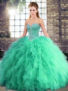 Sleeveless Floor Length Beading and Ruffles Lace Up 15 Quinceanera Dress with Turquoise