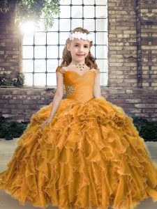 Nice Gold Ball Gowns Beading and Ruffles Kids Formal Wear Lace Up Organza Sleeveless Floor Length