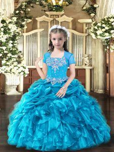 Custom Designed Baby Blue Lace Up Straps Beading and Ruffles Pageant Gowns Organza Sleeveless