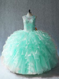 Luxury Apple Green Organza Lace Up Quinceanera Dresses Sleeveless Floor Length Beading and Ruffles