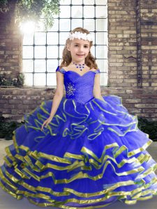 Sweetheart Sleeveless Kids Pageant Dress Floor Length Beading and Ruching Blue Tulle
