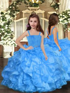 Excellent Blue Ball Gowns Straps Sleeveless Organza Floor Length Lace Up Ruffles Kids Formal Wear