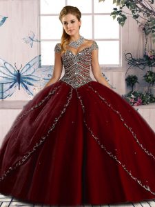 Luxurious Wine Red Tulle Lace Up 15 Quinceanera Dress Cap Sleeves Brush Train Beading
