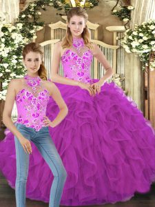 Romantic Tulle Sleeveless Floor Length Vestidos de Quinceanera and Embroidery and Ruffles