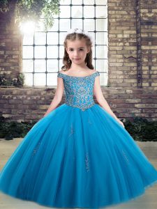 Hot Sale Baby Blue Tulle Lace Up Off The Shoulder Sleeveless Floor Length Pageant Dresses Beading