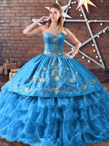New Style Embroidery and Ruffled Layers 15 Quinceanera Dress Blue Lace Up Sleeveless Floor Length
