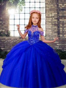 Trendy Royal Blue Pageant Gowns For Girls Party and Wedding Party with Beading Halter Top Sleeveless Lace Up