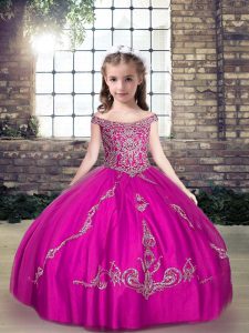 Attractive Fuchsia Ball Gowns Beading and Appliques Pageant Gowns For Girls Lace Up Tulle Sleeveless Floor Length