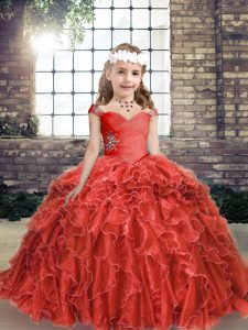 Floor Length Red Little Girl Pageant Dress Straps Sleeveless Lace Up