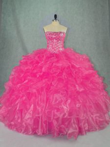 Sexy Beading and Ruffles Vestidos de Quinceanera Hot Pink Lace Up Sleeveless Floor Length