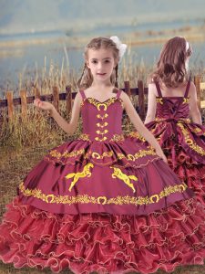 Wine Red Ball Gowns Beading and Embroidery and Ruffled Layers Little Girl Pageant Gowns Lace Up Organza Sleeveless Floor Length