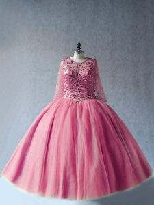 Pink Long Sleeves Beading Floor Length 15th Birthday Dress