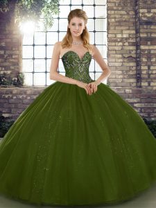 Tulle Sweetheart Sleeveless Lace Up Beading Ball Gown Prom Dress in Olive Green
