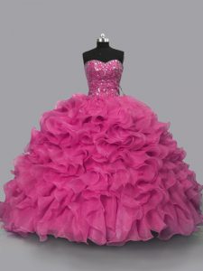 Hot Pink Lace Up Quinceanera Dress Beading Sleeveless Floor Length