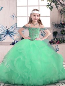 Apple Green Ball Gowns Tulle Off The Shoulder Sleeveless Beading and Ruffles Floor Length Lace Up Child Pageant Dress