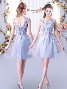 Excellent Grey Tulle Lace Up Scoop Sleeveless Mini Length Quinceanera Dama Dress Lace