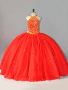 Floor Length Coral Red Quinceanera Gowns Tulle Sleeveless Beading