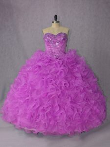 Most Popular Lilac Organza Lace Up Sweetheart Sleeveless Floor Length Quince Ball Gowns Beading