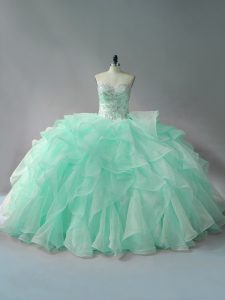 Edgy Sleeveless Beading and Ruffles Lace Up Ball Gown Prom Dress with Apple Green Court Train