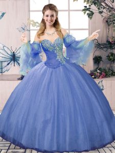 Blue Ball Gown Prom Dress Sweet 16 and Quinceanera with Beading Sweetheart Sleeveless Lace Up