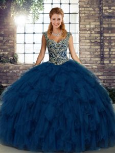 Ideal Straps Sleeveless Lace Up Sweet 16 Dresses Blue Organza