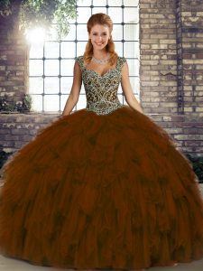 Sleeveless Organza Floor Length Lace Up 15th Birthday Dress in Brown with Beading and Ruffles