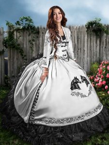 Satin Sleeveless Floor Length Quinceanera Dress and Embroidery and Ruffles