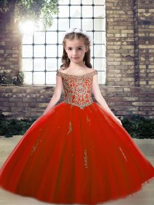 Red Ball Gowns Beading and Appliques Pageant Dress for Girls Lace Up Tulle Sleeveless Floor Length