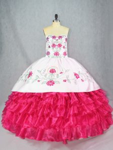 Edgy Hot Pink Ball Gowns Sweetheart Sleeveless Satin and Organza Lace Up Embroidery and Ruffled Layers Quinceanera Gown