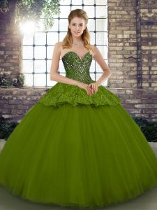 Stunning Sleeveless Tulle Floor Length Lace Up Ball Gown Prom Dress in Olive Green with Beading and Appliques