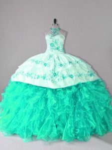 Spectacular Turquoise Sleeveless Embroidery and Ruffles Lace Up Sweet 16 Dress