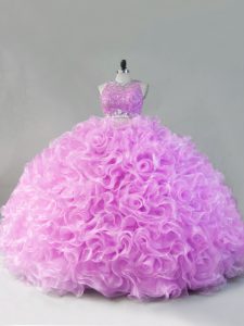 Sumptuous Scoop Sleeveless Quinceanera Dress Floor Length Beading and Ruffles Lilac Fabric With Rolling Flowers