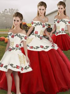 Pretty White And Red Off The Shoulder Lace Up Embroidery Ball Gown Prom Dress Sleeveless