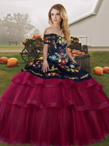 Sweet Fuchsia Off The Shoulder Lace Up Embroidery and Ruffled Layers 15th Birthday Dress Brush Train Sleeveless