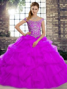 Ideal Off The Shoulder Sleeveless Tulle Quinceanera Gown Beading and Pick Ups Brush Train Lace Up