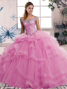 Romantic Rose Pink Ball Gowns Off The Shoulder Sleeveless Tulle Floor Length Lace Up Beading and Ruffles Sweet 16 Dress