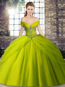 Shining Sleeveless Tulle Brush Train Lace Up Quinceanera Dresses in Olive Green with Beading and Pick Ups