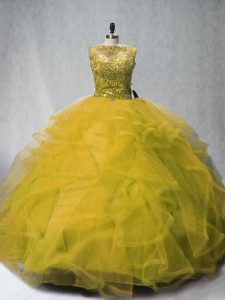 Olive Green Quinceanera Gown Tulle Court Train Sleeveless Beading and Ruffles