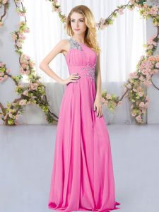 Chiffon One Shoulder Sleeveless Zipper Beading Damas Dress in Rose Pink