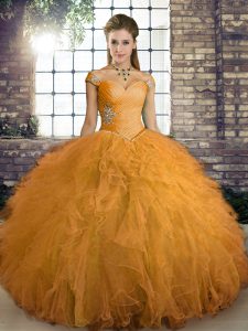 Classical Orange Quinceanera Gown Military Ball and Sweet 16 and Quinceanera with Beading and Ruffles Off The Shoulder Sleeveless Lace Up