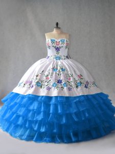 Discount Blue And White Sleeveless Organza Lace Up Ball Gown Prom Dress for Sweet 16 and Quinceanera