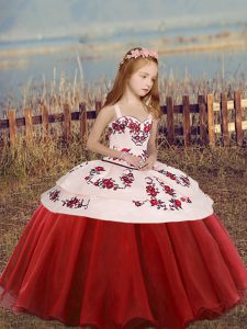 Enchanting Red Organza Lace Up Kids Pageant Dress Sleeveless Floor Length Embroidery