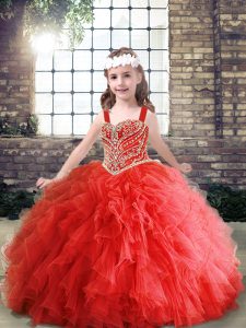 Excellent Red Sleeveless Tulle Lace Up Little Girls Pageant Gowns for Party and Wedding Party
