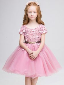 Tulle Scoop Short Sleeves Lace Up Lace and Belt Child Pageant Dress in Pink