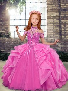 Custom Design Rose Pink Organza Lace Up Girls Pageant Dresses Sleeveless Floor Length Beading and Ruffles
