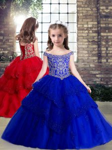 Wonderful Sleeveless Floor Length Beading and Appliques Lace Up Child Pageant Dress with Royal Blue